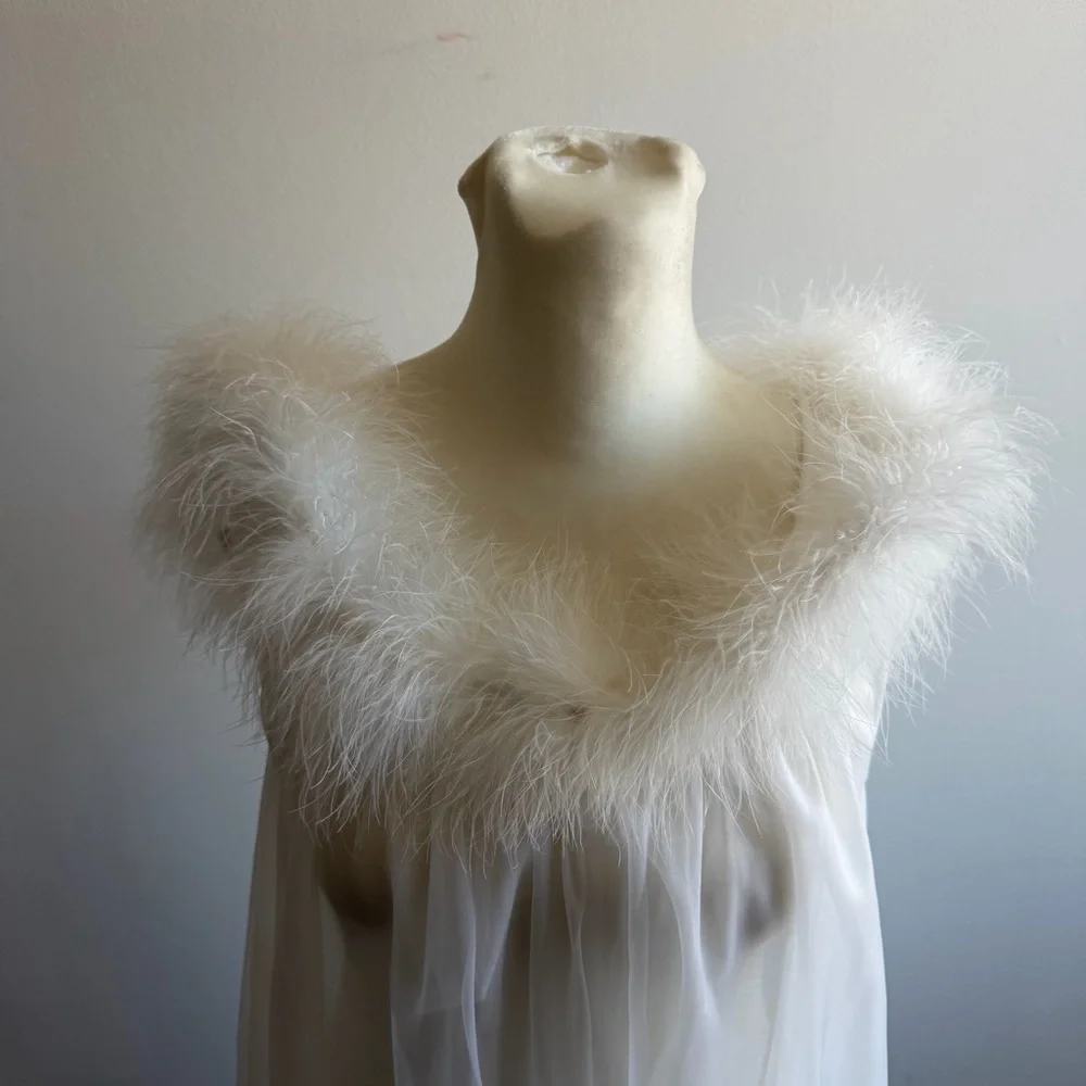 Vintage White Sheer Marabou-Trim Sleep Chemise - Picture 3 of 5